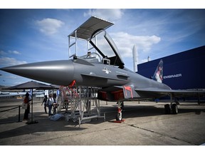 A Eurofighter Typhoon military jet at the Paris Air Show.