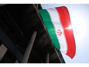 A national flag of Islamic Republic of Iran on the wall of the Glass Building that came under Israeli missile attack in Tehran, Iran on June 25, 2025.