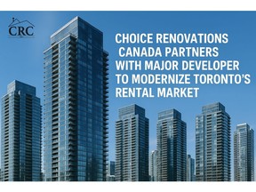 Choice Renovations Canada (CRC) showcases its leadership in multifamily housing innovation with a strategic partnership poised to modernize Toronto's skyline. Pictured above, the CRC logo stands proudly against a backdrop of contemporary high-rise towers, symbolizing the company's growing role in transforming aging rental stock into modern, high-performing assets. This visual represents CRC's commitment to speed, quality, and scalability as it collaborates with one of the country's largest developers to reshape the future of urban living in Canada's most competitive housing market.