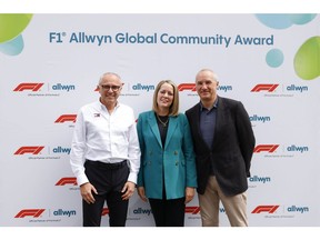 Stefano Domenicali, President & CEO of Formula 1® (l) Gerdine Lindhout, Global Director Sponsorships, CSR and Events at Allwyn (m) and Robert Chvátal, Group CEO at Allwyn (r) celebrate the launch of the F1® Allwyn Global Community Award at the Red Bull Ring - Spielberg ahead of the Austrian Grand Prix this weekend.