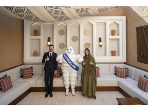 Gwendal Poullennec, the International Director of the MICHELIN Guide and Mayada Badr, the CEO of the Culinary Commission, in Riyadh for the MICHELIN Guide debut announcement.
