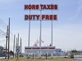 A sign for Duty Free at the Canada/U.S. border crossing in Saint-Bernard-de-Lacolle, Que.