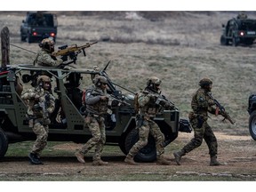 Armed forces during the NATO exercise Steadfast Dart in Tsrancha, Bulgaria, on Feb. 13.
