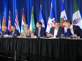 The Canadian premiers speak to the media during the 2025 summer meetings of Canada’s Premiers at Deerhurst Resort in Huntsville, Ont., on July 23, 2025.
