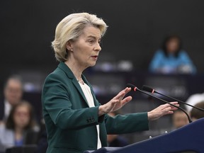 European Commission president Ursula von der Leyen delivers her speech during a statement on the preparation for the EU–China Summit, Tuesday, July 8, 2025 at the European Parliament in Strasbourg, eastern France.