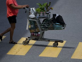 Statistics Canada is set to release June inflation figures on Tuesday. A shopper pushes a shopping carts as they leave a Real Canadian Superstore in Ottawa on Tuesday, June 25, 2024.