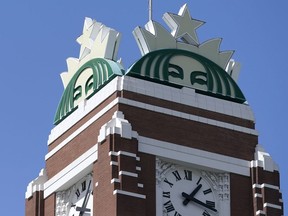 FILE - The Starbucks mermaid logo is displayed at the company's corporate headquarters in Seattle on April 26, 2021.