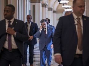 Speaker of the House Mike Johnson, R-La., leaves the chamber at the Capitol in Washington, Thursday, July 17, 2025.