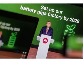 Mukesh Ambani, chairman of Reliance Industries Ltd., speaks virtually during the company's annual general meeting in Mumbai, India, on Aug. 28, 2023.