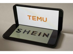 Logos Temu and Shein arranged on smartphones
