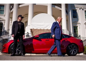 Donald Trump and Elon Musk walk past a Tesla Model S on the South Lawn of the White House on March 11.