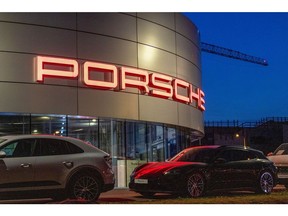 A Porsche AG automobile dealership in Berlin, Germany, on Thursday, March 27, 2025. US President Donald Trump's tariffs on car imports will be a major blow to earnings across the industry and likely force automakers to take drastic action, according to the head of Europe's main car lobby.