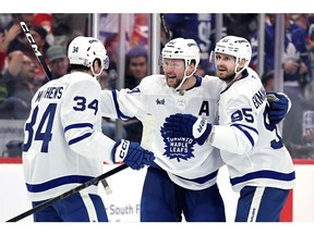 Toronto Maple Leafs players celebrate after scoring a goal during the 2025 Stanley Cup Playoffs at Amerant Bank Arena in Sunrise, Florida on May 9.