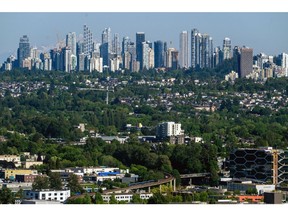 Buildings in Metrotown in Burnaby from downtown Vancouver, British Columbia, Canada, on Tuesday, May 27, 2025. A strong jump in tariff-driven exports fueled Canada's growth at the start of this year, offsetting domestic weakness in other parts of the economy.