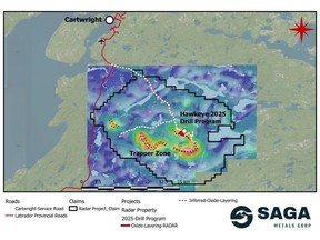 Radar Property map, depicting aeromagnetic anomalies, oxide layering and the site of the 2025 drill program. The Property is well serviced by road access and is conveniently located near the town of Cartwright, Labrador. A compilation of historical aeromagnetic anomalies is shown. SAGA has demonstrated the reliability of the regional airborne magnetic surveys after ground-truthing and drilling in the 2024 and 2025 field programs.