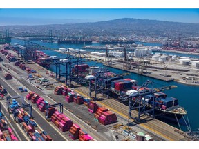 Container ships at the Port of Los Angeles in Los Angeles, California, US, on Thursday, July 31, 2025. The US president has announced preliminary agreements with the European Union, Japan and a handful of others that raise tariff rates, and he's promising to impose even higher duties on Aug. 1 for countries that haven't cut deals.