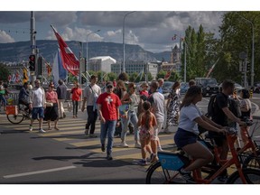 The Swiss celebrate Swiss national day in Geneva, Switzerland, on Friday, Aug. 1, 2025. Donald Trump will impose a 39% tariff on imports from Switzerland, one of the steepest levies globally which threaten to leave the country's key exports reeling.