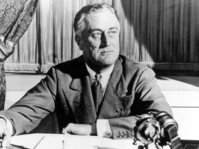U.S. President Franklin D. Roosevelt delivers his first radio