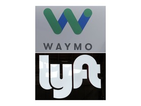 FILE - This photo combination shows a Waymo logo displayed on the door of a car in Mountain View, Calif., May 8, 2018 and a sign for Lyft in Los Angeles, March 29, 2019.