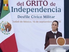 President Claudia Sheinbaum speaks at the annual Independence Day military parade, in Mexico City, Tuesday, Sept. 16, 2025.