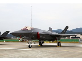 A U.S. Air Force F-35A stealth fighter jet, manufactured by Lockheed Martin Corp., stands on display during a press day of the Seoul International Aerospace & Defense Exhibition (ADEX) at Seoul Airport in Seongnam, South Korea, on Monday, Oct. 16, 2017. The exhibition opens on Oct. 17 and runs through Oct. 22.