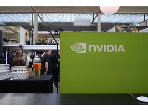 An Nvidia Corp. logo at the refreshment area at the ai-Pulse conference at Station F technology campus in Paris, France, on Friday, Nov. 17, 2023. The race for AI dominance has intensified geopolitical rivalries as countries seek to harness the technology's potential for economic growth and influence.