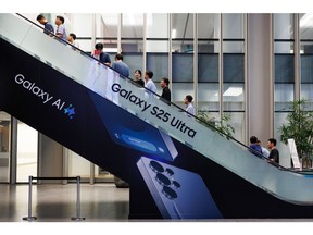 An advertisement for a Samsung Electronics Co. Galaxy S25 Ultra smartphone at the company's headquarters in Suwon, South Korea, on Wednesday, July 16, 2025. Samsung is in talks with the likes of OpenAI Inc. and Perplexity AI Inc. to integrate more AI services in upcoming Galaxy devices, seeking a wider range of offerings beyond Google's Gemini.