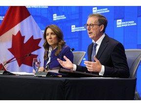 Governor of the Bank of Canada Tiff Macklem, right, and Senior Deputy Governor Carolyn Rogers during a news conference following an interest rate announcement in Ottawa on Sept. 17.