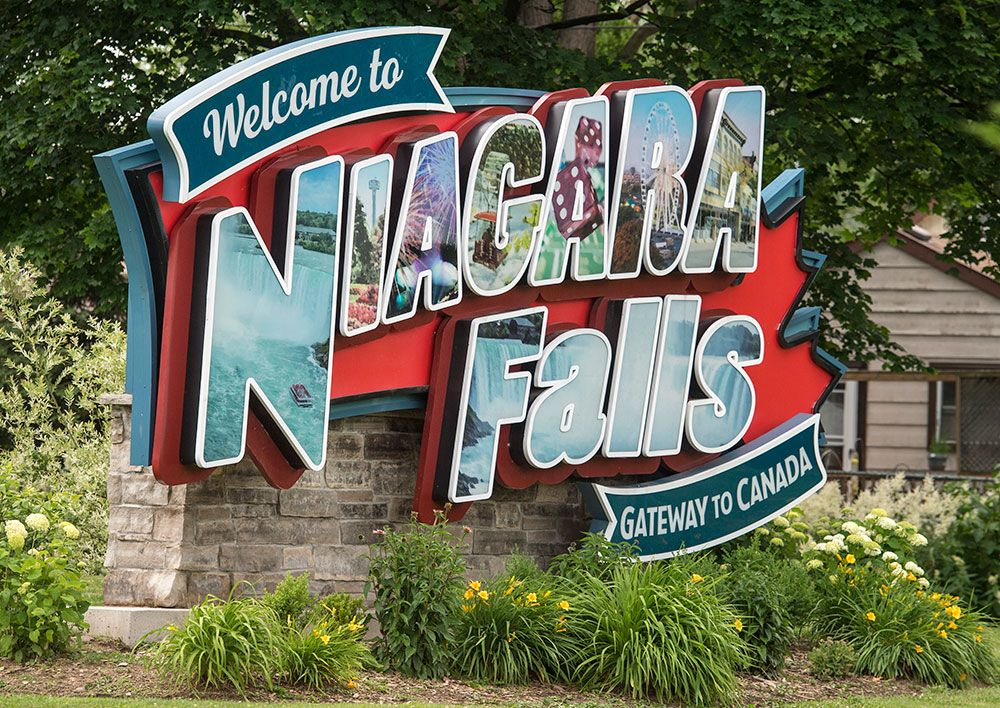 A sign welcomes visitors to Niagara Falls, Ont. Housing demand has soared in the city.
