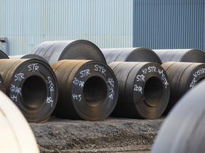 Rolled coils of steel sit in the yard at Algoma Steel Inc., the second largest steel producer in Canada, in Sault Ste. Marie, Ont., Friday, July 25, 2025.
