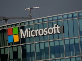 FILE - The logo of Microsoft is seen outside its French headquarters in Issy-les-Moulineaux, outside Paris on May 13, 2024.