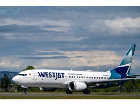 A WestJet plane at Victoria International Airport in Victoria, Canada.