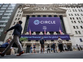 Circle Internet signage in front of the New York Stock Exchange.
