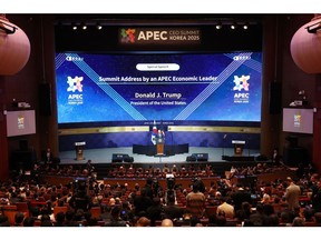US President Donald Trump during the APEC CEO Summit in Gyeongju, South Korea, on Wednesday, Oct. 29, 2025.