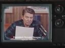Former U.S. president Ronald Reagan delivers remarks during a radio talk in 1987 on trade. Segments of Reagan's comments were used in a government of Ontario ad, pictured here, that angered U.S. President Donald Trump.