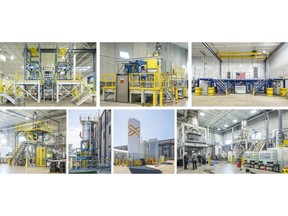 Various operations, including clockwise from top left – reagent mixing, crucible loading / unloading, HAMR furnace operations, product leaching, argon facilities, product collector, jet mill operations