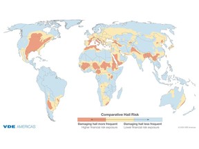 This meteorological data visualization shows severe hail hotspots around the world. VDE Hail Risk Intelligence characterizes hailstorm frequency and severity and is applicable to any industry susceptible to hail damage.