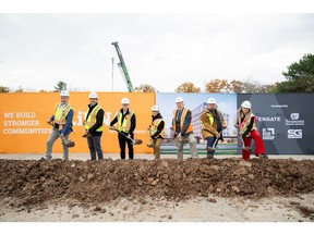 Image of representatives from LiUNA, Fengate, Seasons Retirement Communities, Hi-Rise Group, SG Constructors and Mayor Rob Burton from the Town of Oakville breaking ground at 1105 McCraney, a new seniors' community in Oakville.