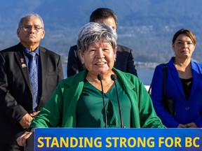 Eva Clayton, elected president of the Nisga’a Lisims government, speaks in September at the announcement that the B.C. government had approved the environmental assessment certificate for the Ksi Lisims LNG project. Ottawa announced Thursday that the project will be referred to a new federal office designed to streamline the regulatory approvals process.