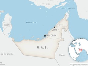 This is a locator map for United Arab Emirates with its capital, Abu Dhabi. (AP Photo)