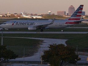 An American Airline plane is moving to a terminal at O'Hare International Airport in Chicago, Monday, Nov. 3, 2025.