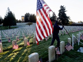 FILE - A larger American flag is raised among flag-covered graves on Veterans Day in the veterans' section of Evergreen-Washelli cemetery, on Nov. 11, 2014, in Seattle.
