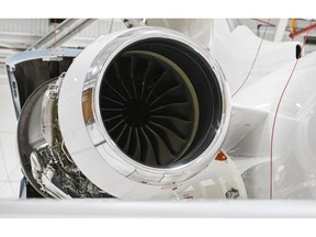 The engine of a Bombardier Global 6500 airplane at the company's completion center in Dorval, Quebec.