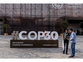 Signage outside the Parque da Cidade, the main venue for the COP30 summit, in Belém, Pará state, Brazil, on Nov. 7, 2025.