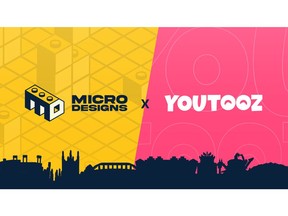 Youtooz × Microdesigns - brand graphic marking Youtooz's acquisition of UK-based Microdesigns and its expansion into brick-built display collectibles.