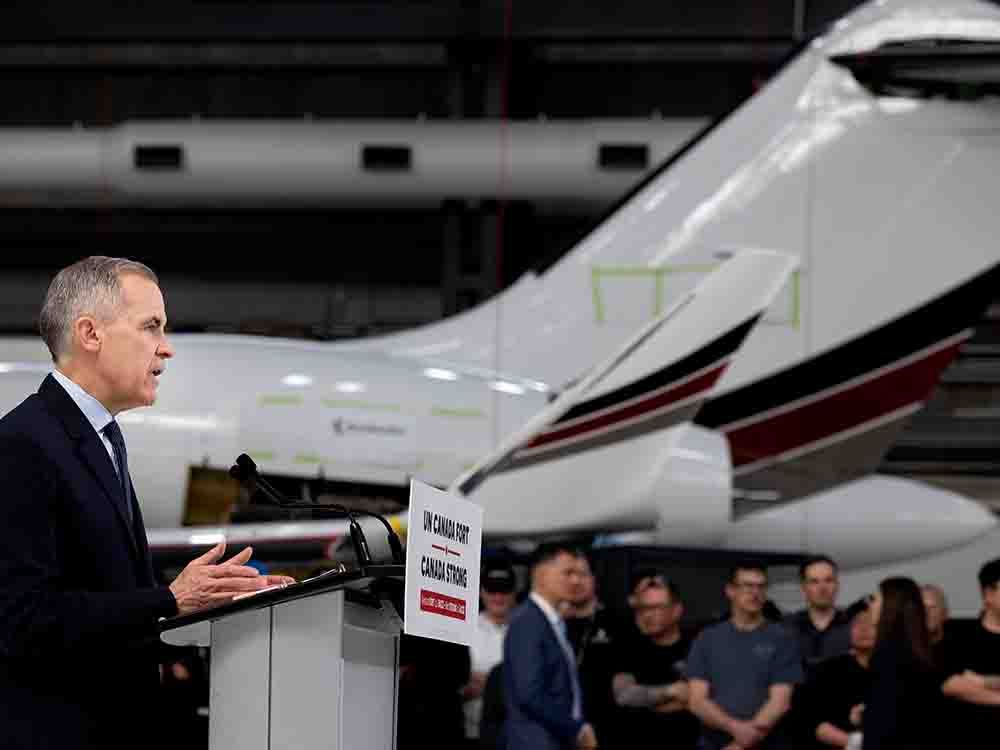  With a Bombardier Global jet in the background, then-Liberal Leader and now Prime Minister Mark Carney makes an announcement at Bombardier in Montreal, during the federal election campaign in April 2025.