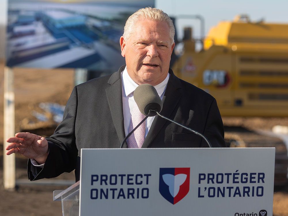 Doug Ford speaks at the groundbreaking for the new Vianode $3.2 billion synthetic graphite factory in St. Thomas on Thursday.