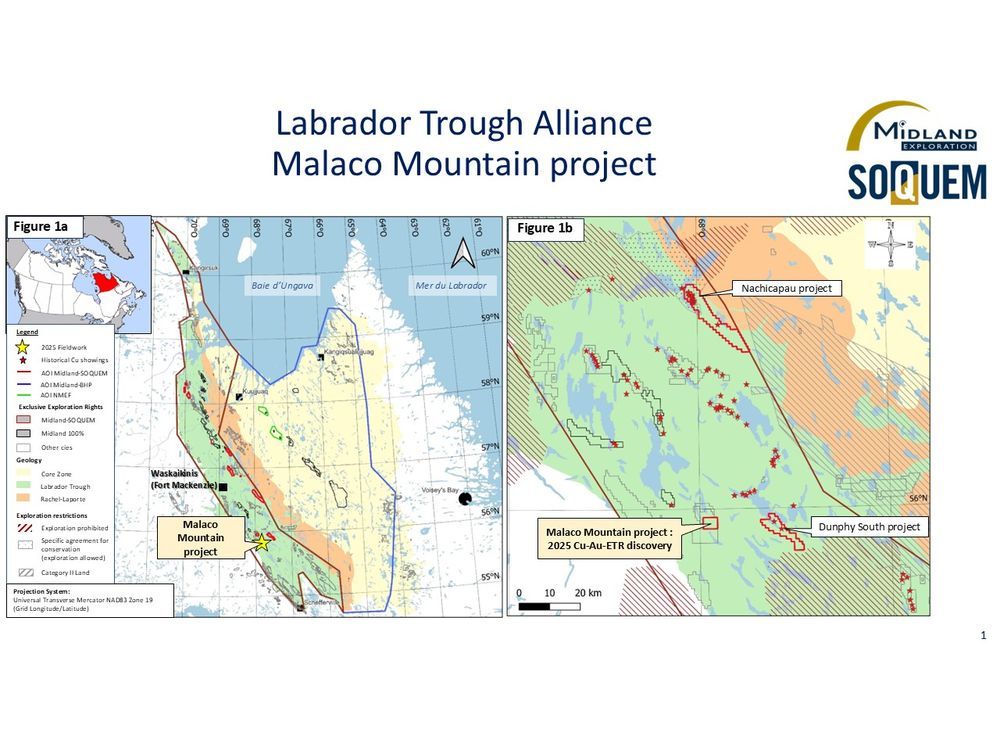 Midland and SOQUEM Report New Assay Results Up to 27.60% Cu and 0.88 g/t Au on the Malaco Mountain Copper-Gold-Rare Earth Element Zone in the Labrador Trough