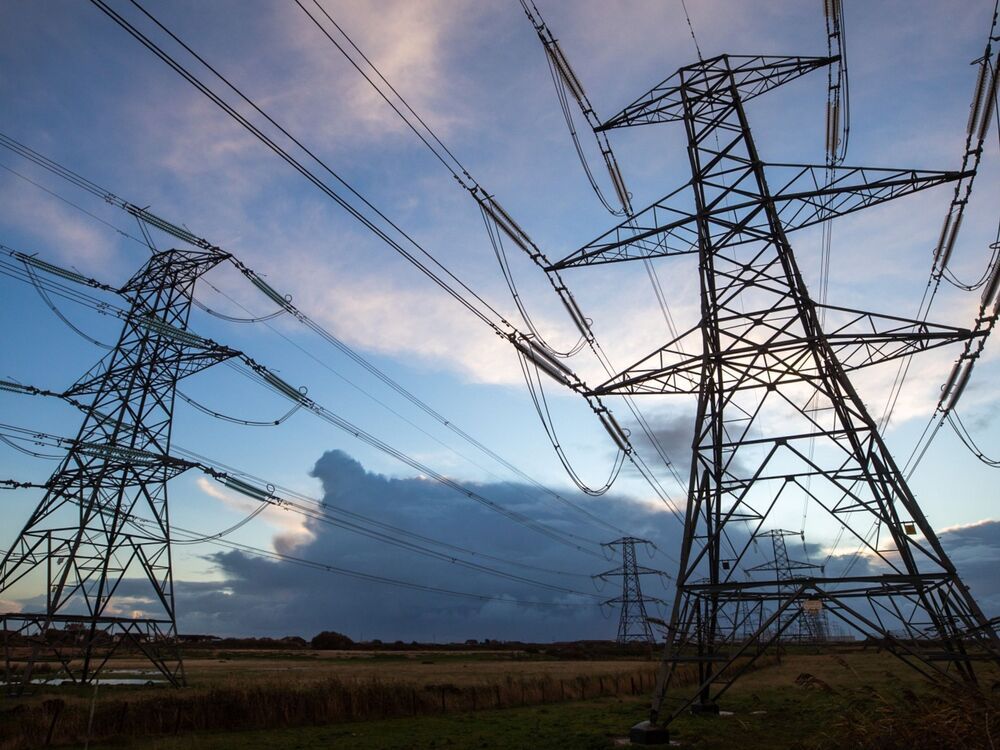 Electricity transmission pylons in Dungeness, U.K., on Oct. 26, 2020.