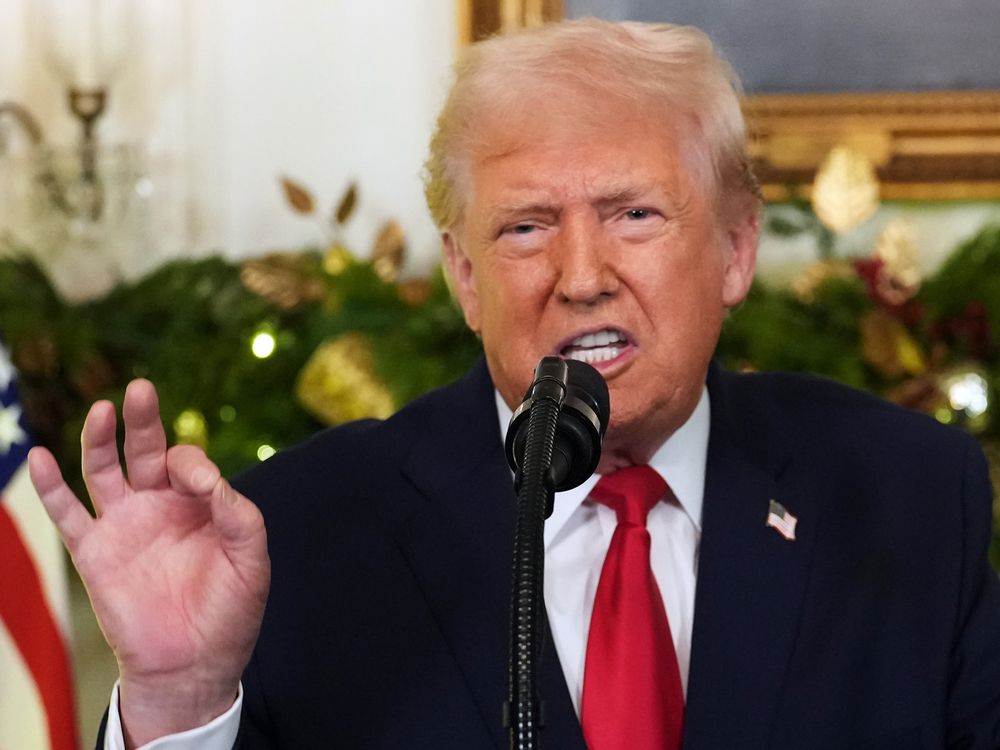 President Donald Trump speaks during an address to the nation from the Diplomatic Reception Room at the White House, Wednesday, Dec. 17, 2025, in Washington.